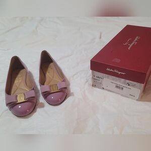 Ferragamo Varina Bow Mauve Patent Leather Flats 5B